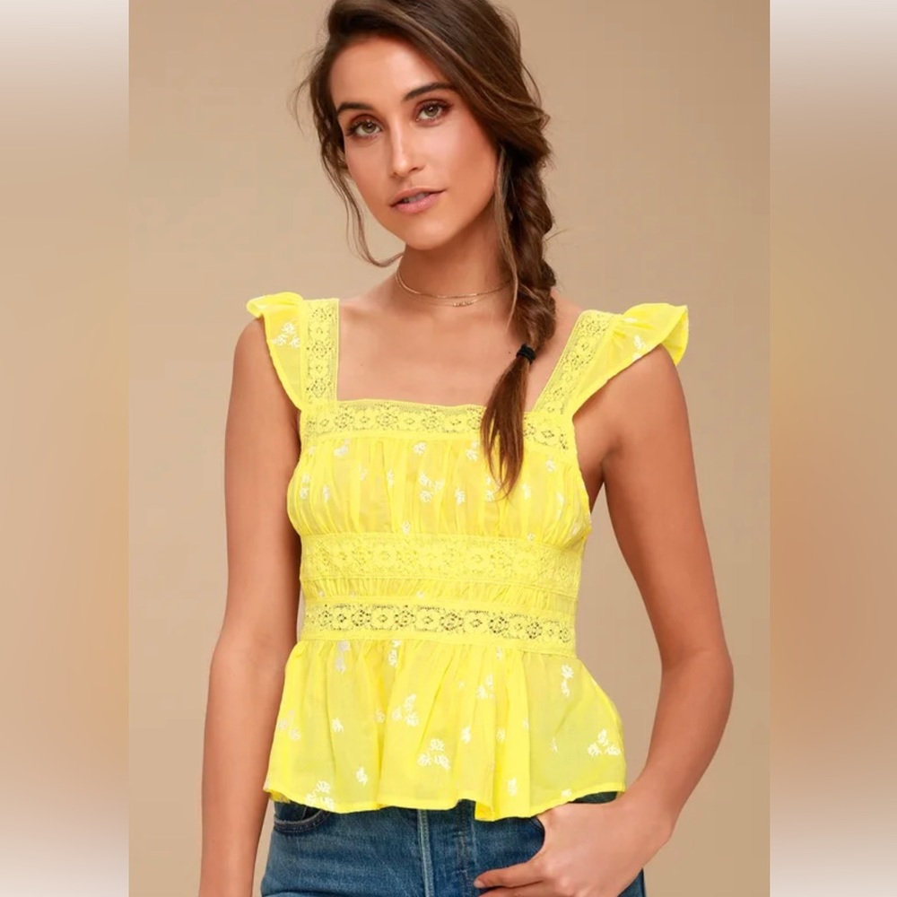 Free People Beautiful Fleurs Embroidered Yellow Lace Top size m